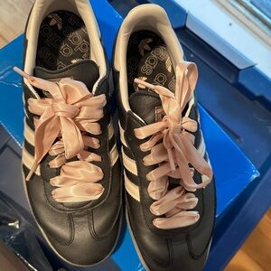 Adidas Black and White Sneakers with Pink Satin Laces